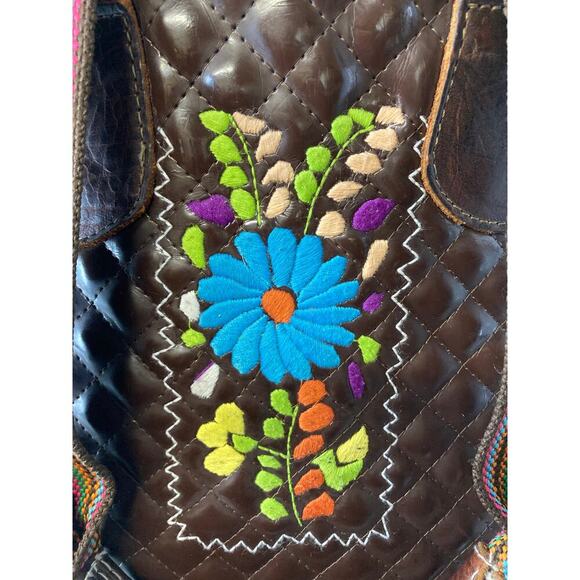 CONSUELA LARGE BROWN, TEAL QUILTED TOTE BAG WITH EMBOIDERY. - Picture 7 of 16